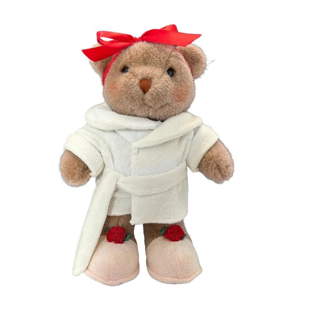 Vintage Plush Teddy Bear in Spa Day Outfit - White Bathrobe, Red Bow Headband